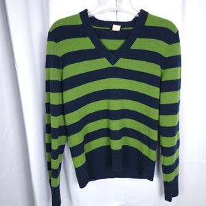 VTG J Crew Mens Large Green Navy Striped V-Neck Lambswool Sweater Made In Japan